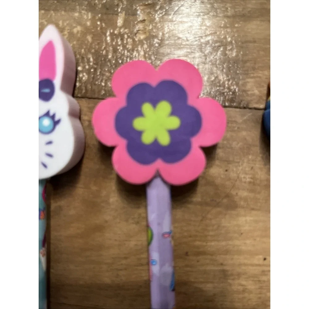 Vintage Lisa Frank Lot 6 NOS Pencils With Toppers Chick Egg Bear Egg Flower 90s